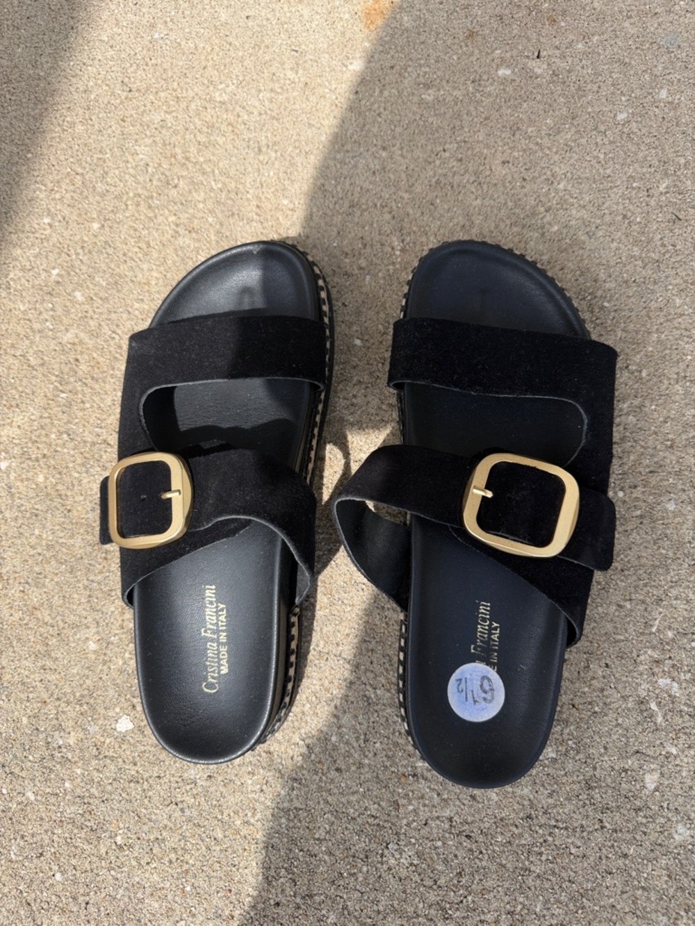 Cristina Francini Black Suede Slide Sandals with Gold Buckles